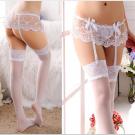 大尺碼蝴蝶結蕾絲丁字褲吊襪帶-白色